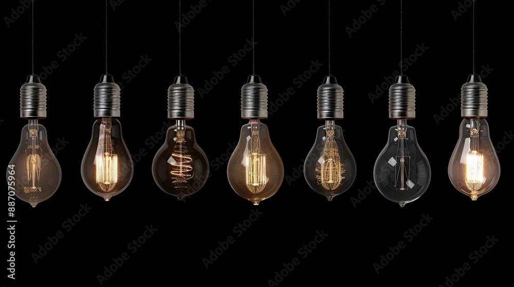 Seven black light bulbs with glowing filaments hang against a dark background Seven black light bulbs with glowing filaments hang against a dark background