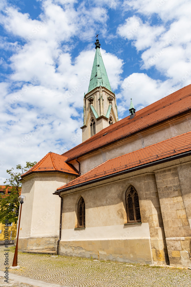 Fototapeta premium City of Celje in Slovenia, beautiful village decorated with flowers, traditional buildings with towers and castle, interesting tourist stop. Artistic graffiti. Main street with church and gold statue