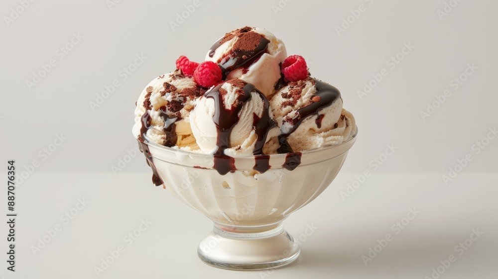 Ice cream sundae with chocolate syrup and raspberries in glass bowl Ice cream sundae with chocolate syrup and raspberries in glass bowl