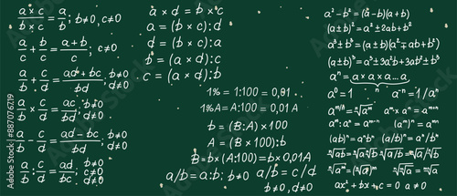 Mathematics formulas set. Hand drawn math algebraic formulas. School green board with sketch symbols icon in flat style. Education concept. Isolated vector illustration