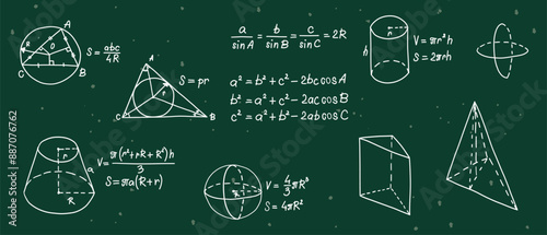 Mathematics formulas set. Hand drawn math geometry formulas. School green board with sketch symbols icon in flat style. Education concept. Isolated vector illustration