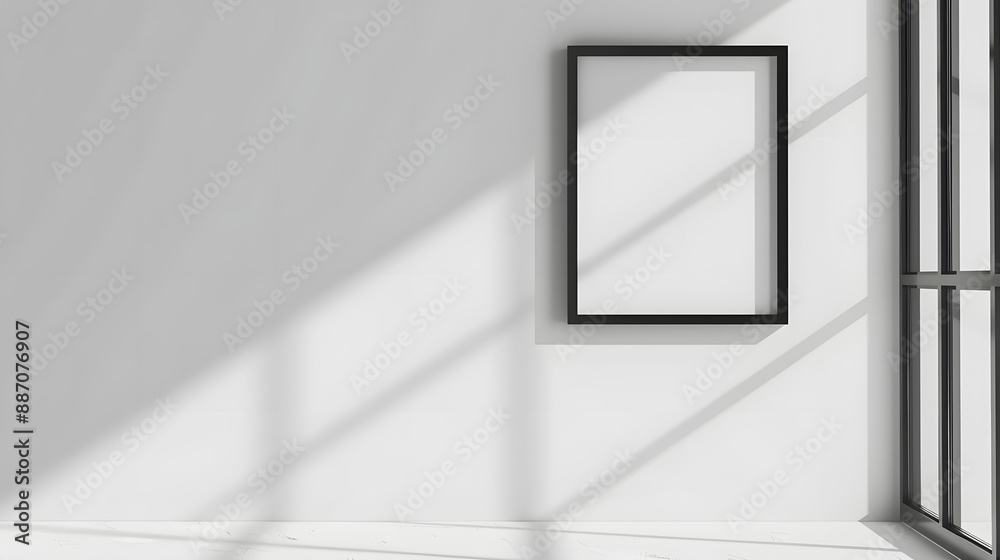 Minimalist black frame on a white wall: a simple and elegant empty picture frame ready for artwork or photography display in a modern interior. Minimalist black frame on a white wall: a simple and elegant empty picture frame ready for artwork or photography display in a modern interior.