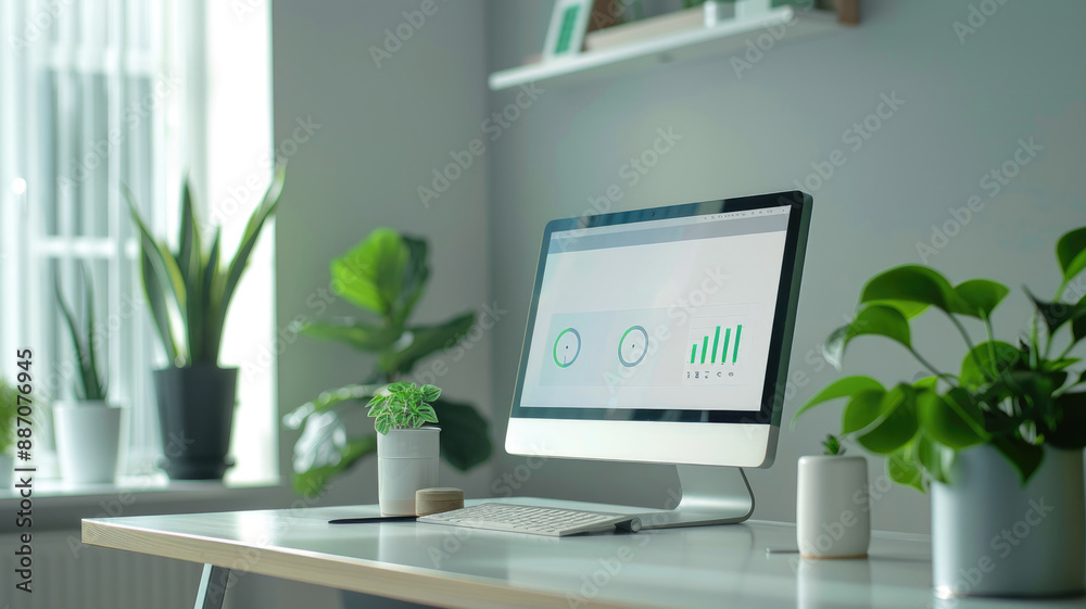 Modern home office setup with computer and various plants Minimalist clean design Natural lighting Modern home office setup with computer and various plants Minimalist clean design Natural lighting