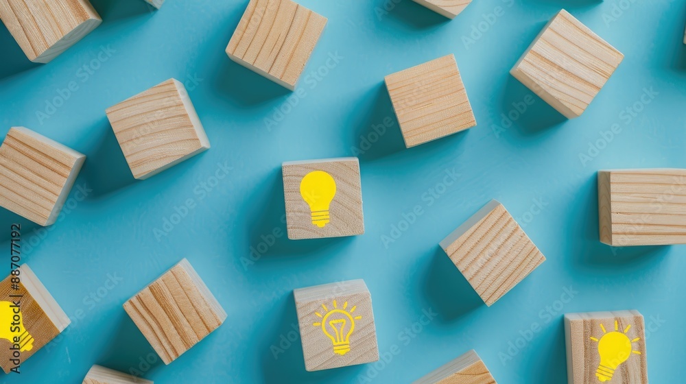 Selection of wooden cubes with yellow light bulb icon on blue backdrop Fresh thoughts and problem solving concepts