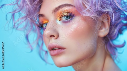 A woman with purple hair and blue eyes is wearing colorful makeup