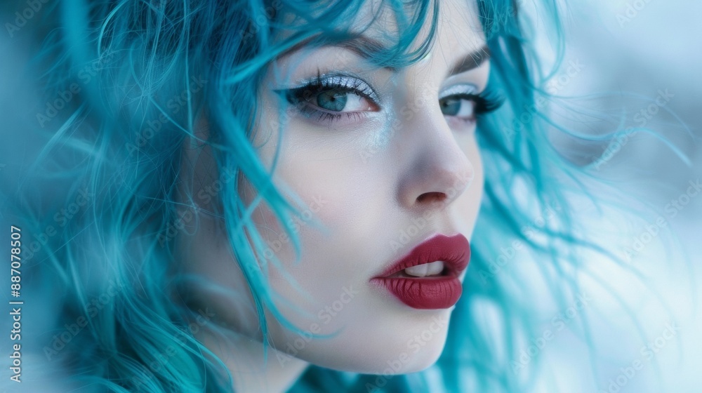 A woman with blue hair and red lipstick is staring at the camera
