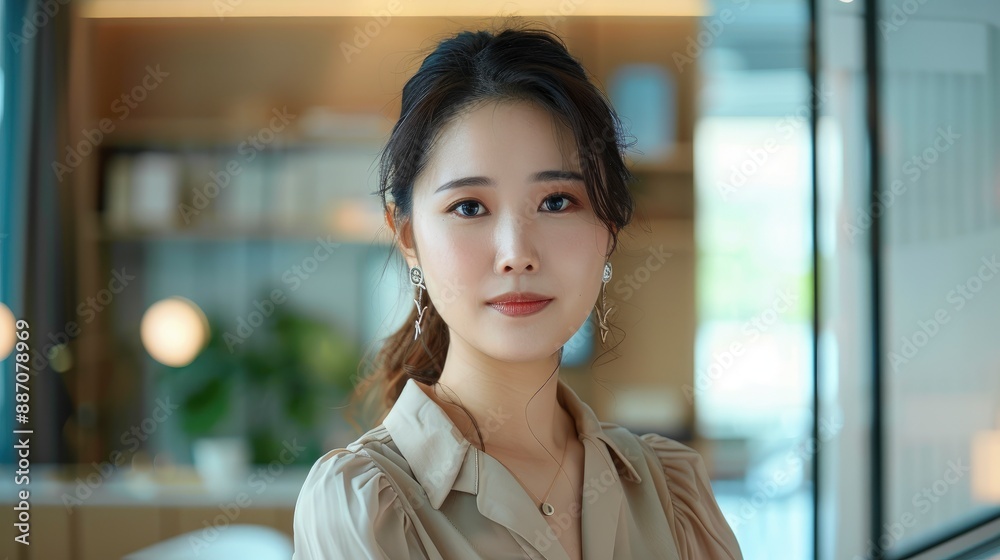 Young Asian businesswoman in a chic beige dress, working diligently in her office