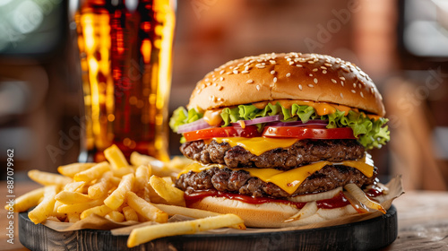 A double smash burger with cheese, lettuce, onion, tomato, and dressing, served with fries as a side dish, wooden plate and a coke to drink