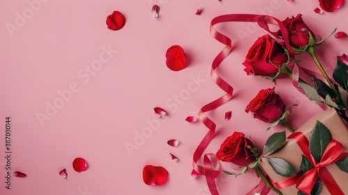 Top view of red roses ribbons and a gift box on pink background with copy space for mockup event design for Mother s Day weddings and Valentine s Day photo