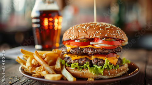 A double smash burger with cheese, lettuce, onion, tomato, and dressing, served with fries as a side dish,  Porcelain plate and a coke to drink