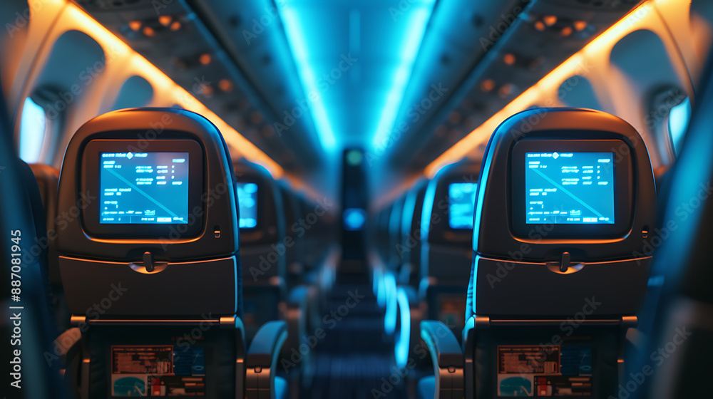 the interior of an airplane cabin, focusing on a row of seats from a rear perspective. Each seat features a personal entertainment screen on the back, most of which are turned off the interior of an airplane cabin, focusing on a row of seats from a rear perspective. Each seat features a personal entertainment screen on the back, most of which are turned off