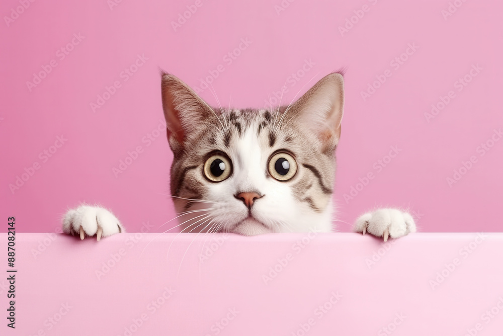 Surprised Funny Cat Above Banner Isolated on Pink Background. Web Banner, template, copy space. Surprised Funny Cat Above Banner Isolated on Pink Background. Web Banner, template, copy space.