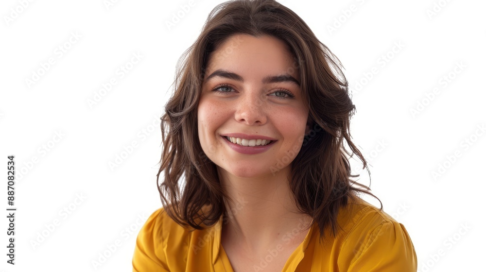 Smiling young woman in a yellow blouse, portrait on an isolated white background Smiling young woman in a yellow blouse, portrait on an isolated white background