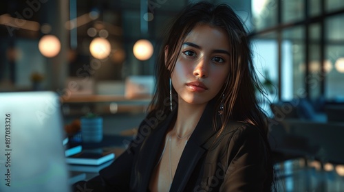 Successful and beautiful Hispanic woman  working inside a modern office building  filled with determination