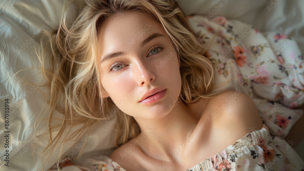 Blonde young woman lying in bed, relaxed, super comfortable, summer, the room is decorated in youth fashion.generative ai Blonde young woman lying in bed, relaxed, super comfortable, summer, the room is decorated in youth fashion.generative ai