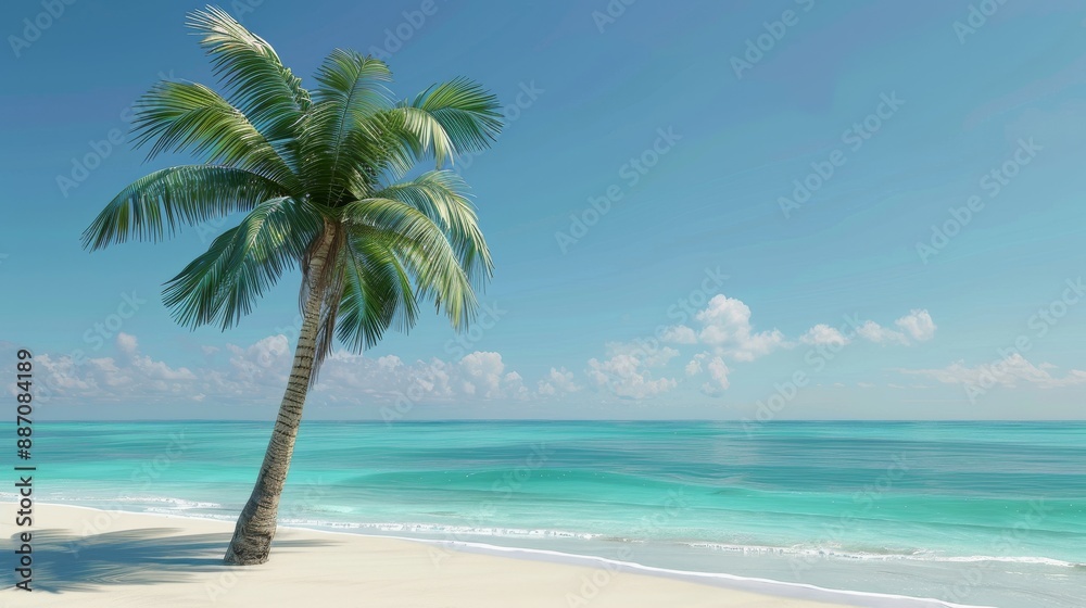 Tropical Beach Scenery with Single Palm Tree on Sandy Shore, Beautiful Ocean, and Clear Blue Sky, Ideal for Summer Vacation Themes, Travel Posters, and Nature Prints Tropical Beach Scenery with Single Palm Tree on Sandy Shore, Beautiful Ocean, and Clear Blue Sky, Ideal for Summer Vacation Themes, Travel Posters, and Nature Prints