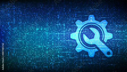 Technical service. Wrench and gear icon made with binary code. Technical assistance. Customer help. Online tech support. Repair service. Digital code background with digits 1.0. Vector Illustration.