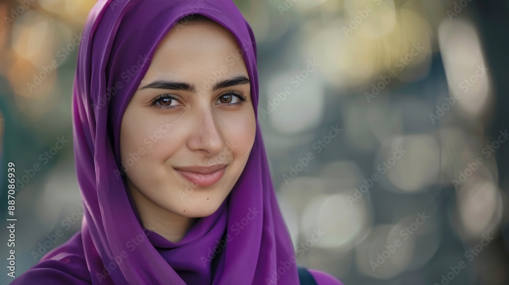 Portrait of a confident young Middle Eastern woman in a purple hijab smiling and looking at the camera Portrait of a confident young Middle Eastern woman in a purple hijab smiling and looking at the camera