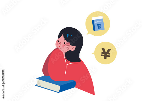 頬杖をついて留学と進路について考える女性のイラスト