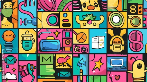 Colorful illustration featuring various modern and tech objects