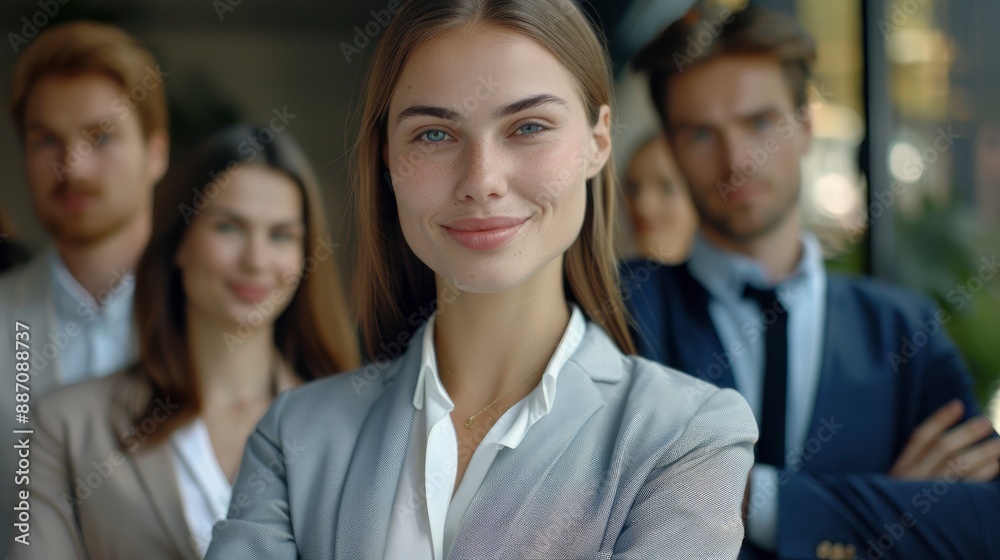 Portrait of a young businesswoman, folding her arms and smiling confidently while her colleagues look on Portrait of a young businesswoman, folding her arms and smiling confidently while her colleagues look on