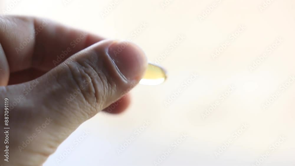 Shallow focus shot from a man holding a omega 3 from fish oil capsule on his hands
