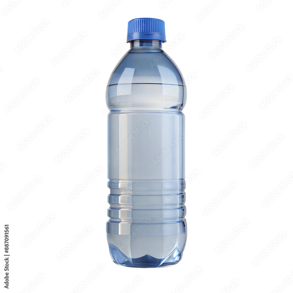 Clear plastic water bottle with a blue cap, half-filled, isolated on a transparent background. Clear plastic water bottle with a blue cap, half-filled, isolated on a transparent background.
