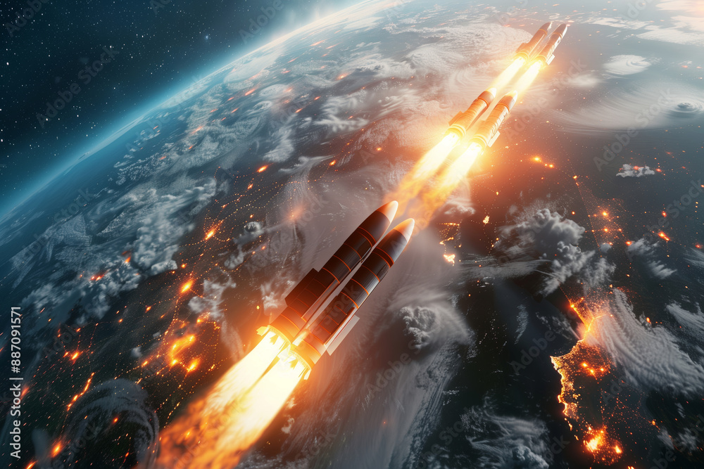 Fototapeta premium A Symphony of Fire: Nuclear Missiles Ascend Towards a Doomed Earth