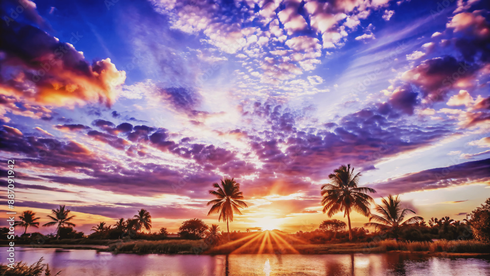 Naklejka premium beautiful colorful sunset sky, landscape background