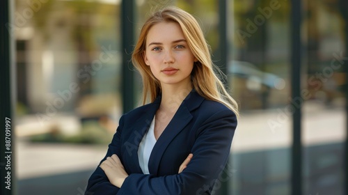 Confident female lawyer in a navy suit stands outside the office, exuding professionalism