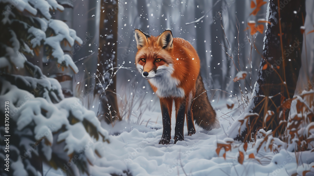 red fox standing in the snow-covered forest, in the realistic style, high resolution, charming, surrounded by trees and foliage red fox standing in the snow-covered forest, in the realistic style, high resolution, charming, surrounded by trees and foliage