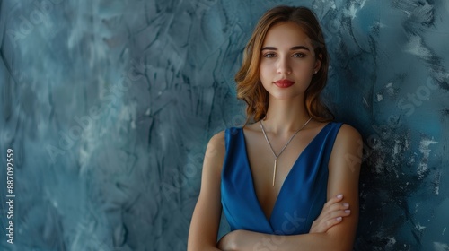 Confident young businesswoman in a blue dress ready to take on challenges