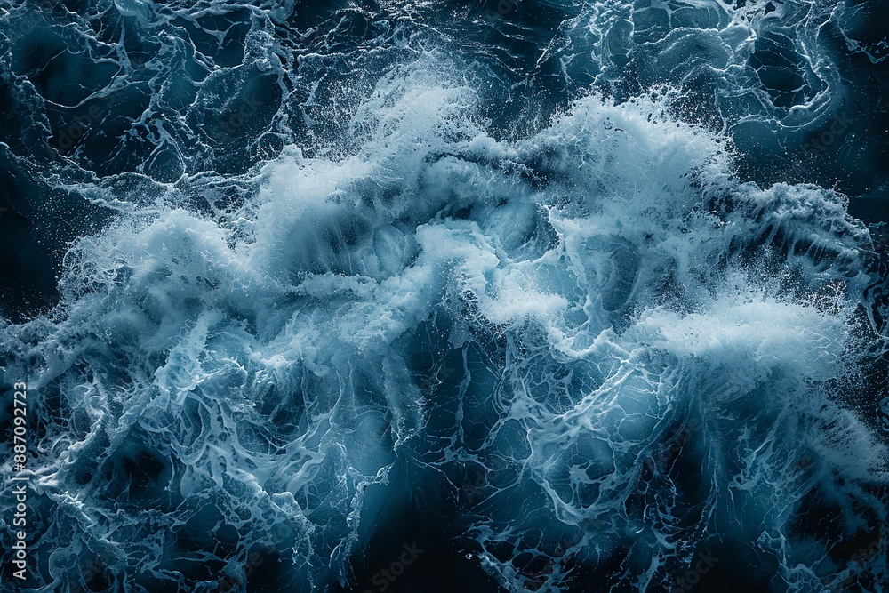 Obraz premium An impressive aerial top-view photograph of ocean water with white waves splashing in the deep sea.