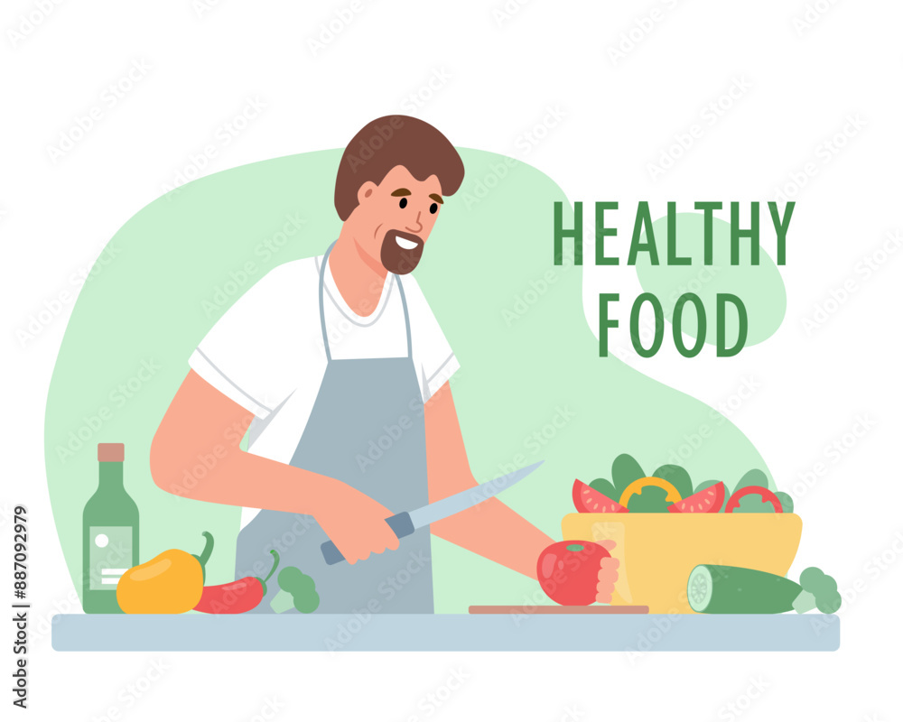 Healthy vegetarian food concept banner. Happy man cooking salad. Male Character and Vegetarian Meal. Vector illustration isolated on white background. Healthy vegetarian food concept banner. Happy man cooking salad. Male Character and Vegetarian Meal. Vector illustration isolated on white background.