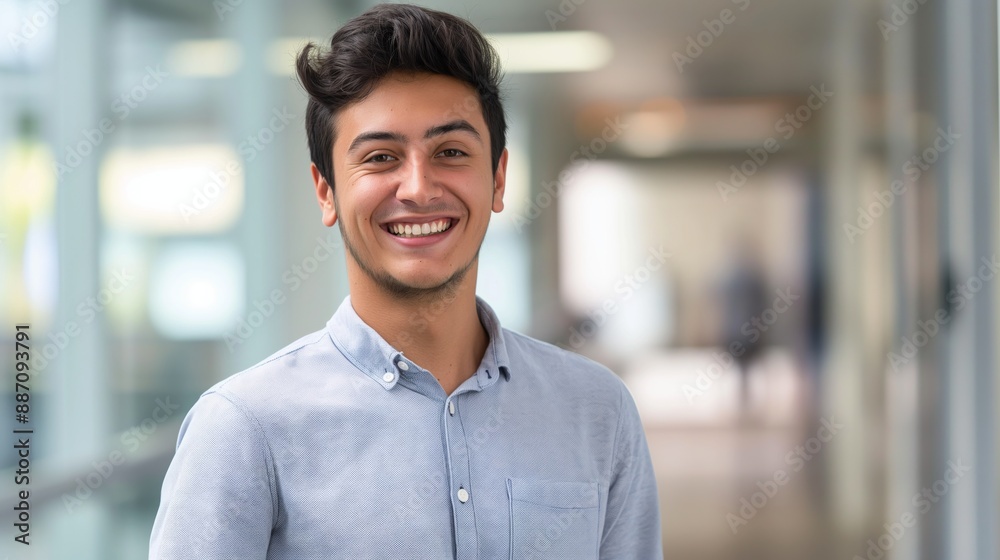Smiling Young Man in Casual Blue Shirt Indoors, Reflecting Professional Confidence and Approachability Smiling Young Man in Casual Blue Shirt Indoors, Reflecting Professional Confidence and Approachability