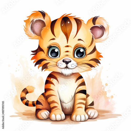 cute baby tiger cartoon watercolor clipart