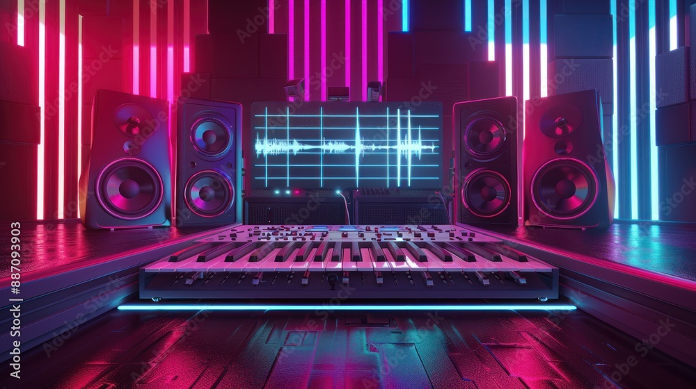 Obraz premium Neon Synth Studio with Keyboard and Speakers