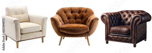 Designer upholstered armchair for the living room, a set of armchairs, a brown Chester armchair, a white classic armchair, a velvet beige armchair on wooden legs. Isolate on a transparent background