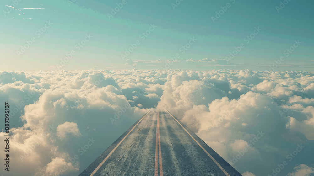 Obraz premium an image of a scenic road that stretches towards the clouds, gradually ascending towards the heavens. The road should be in the foreground, appearing normal,generative ai