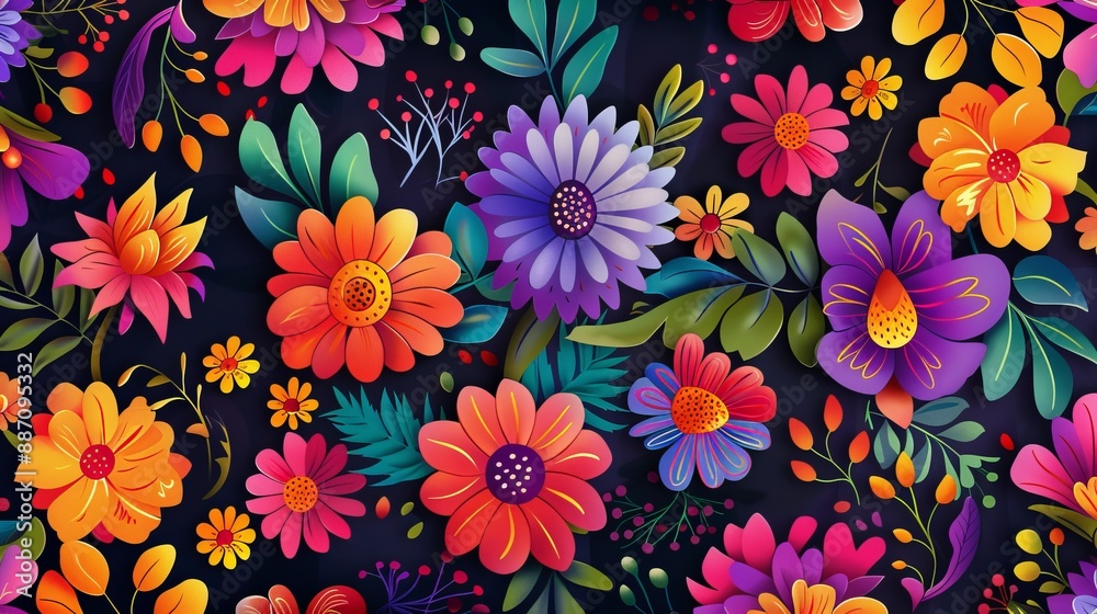 This vibrant image showcases a variety of bold and colorful flowers in an intricate and detailed pattern, celebrating the vibrancy and diversity of nature in a modern artistic style. This vibrant image showcases a variety of bold and colorful flowers in an intricate and detailed pattern, celebrating the vibrancy and diversity of nature in a modern artistic style.