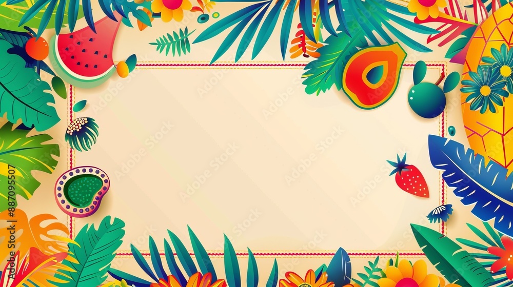 Obraz premium A delightful tropical fruits and leaves border set against a beige background, featuring watermelon, avocado, and other vibrant fruits and green leaves, evoking a refreshing tropical vibe.