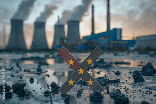 A Symbolic End: European Union Flag Crossed Out Against Coal Power Plant