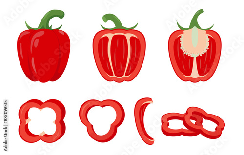Set of sweet red peppers and slices. Whole and parts of farm paprika icons. Organic vegetables vegetarian food. Vector illustration isolated on white background.