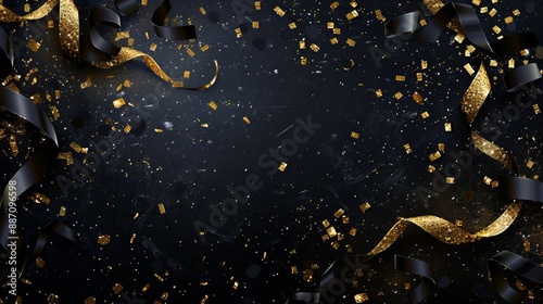 A vibrant image featuring golden and black confetti with shiny ribbons on a dark background, evoking a celebratory and festive atmosphere, perfect for parties.