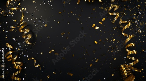 An enchanting image displaying sparkling gold and black confetti intertwined with curling ribbons on a dark background, ideal for festive and celebratory occasions.