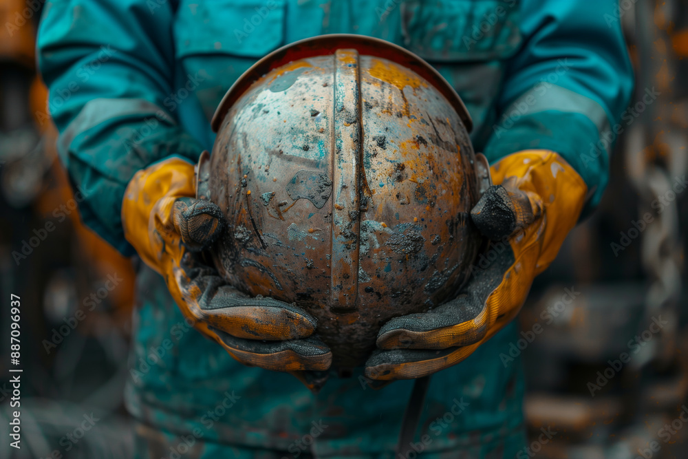 Oilfield Worker's Hands Holding a Mud-Covered Hard Hat Oilfield Worker's Hands Holding a Mud-Covered Hard Hat