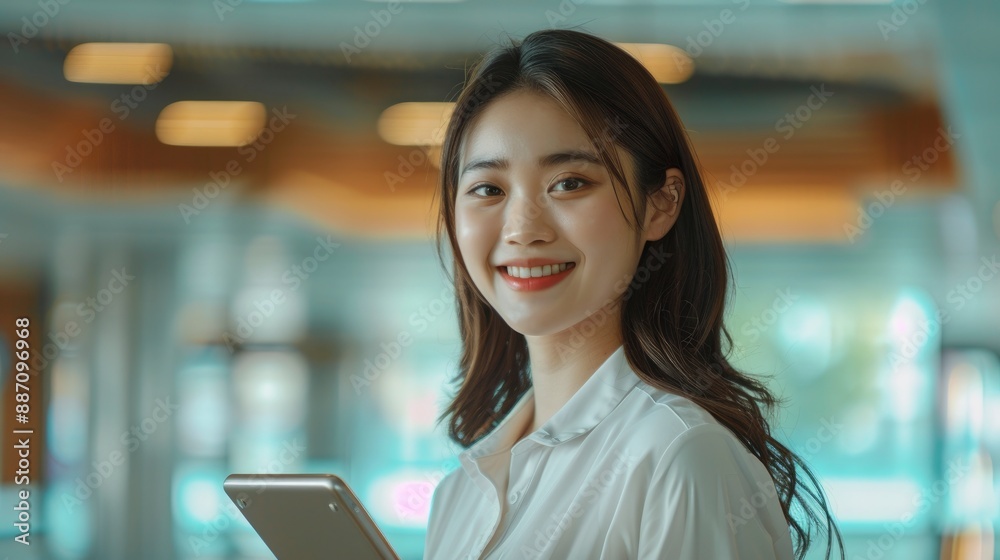 Fototapeta premium Image of a young Asian woman, smiling and holding a digital tablet, standing in an office