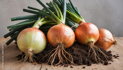 Freshly Harvested Onions with Roots and Soil