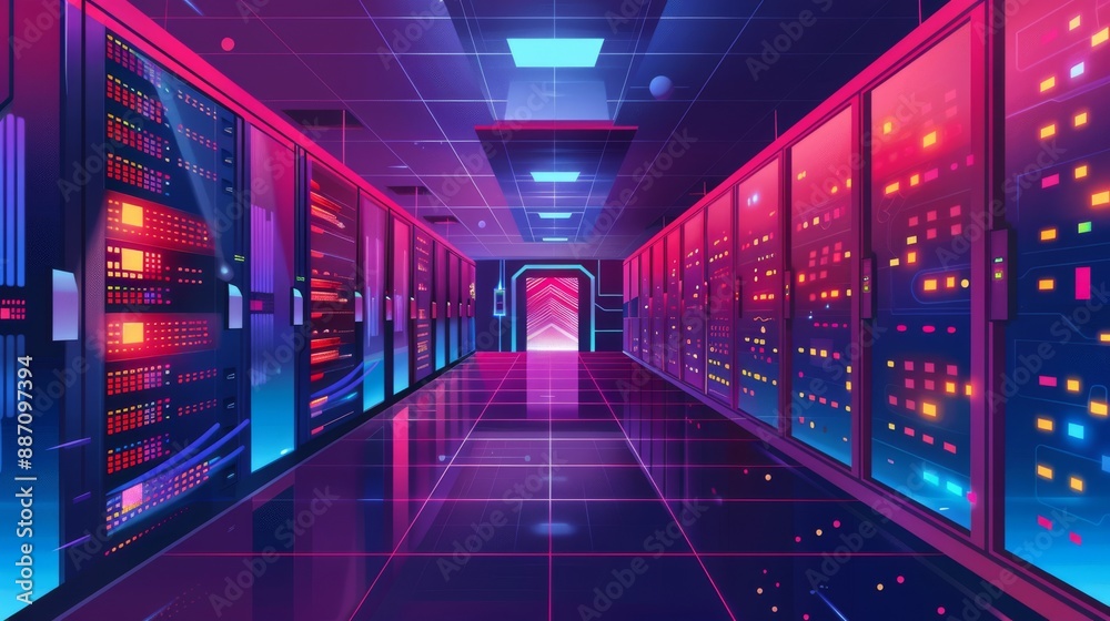 Futuristic server room with neon lights and glowing panels in a high-tech datacenter interior at night, showcasing advanced technology and digital infrastructure in a vibrant and modern design Futuristic server room with neon lights and glowing panels in a high-tech datacenter interior at night, showcasing advanced technology and digital infrastructure in a vibrant and modern design