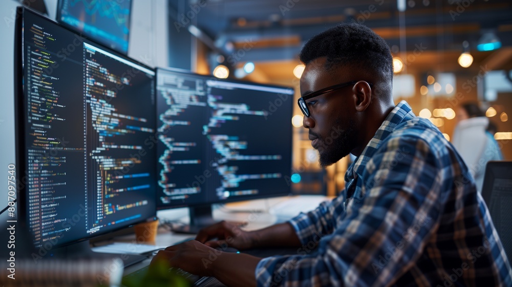 Young african male programmer writing program code sitting at the workplace with three monitors in the office. image focused on the screen. Young african male programmer writing program code sitting at the workplace with three monitors in the office. image focused on the screen.